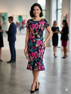 Vfshow Vfemage Floral Mermaid Midi Dress Size M Pink Teal Short Sleeve Bodycon